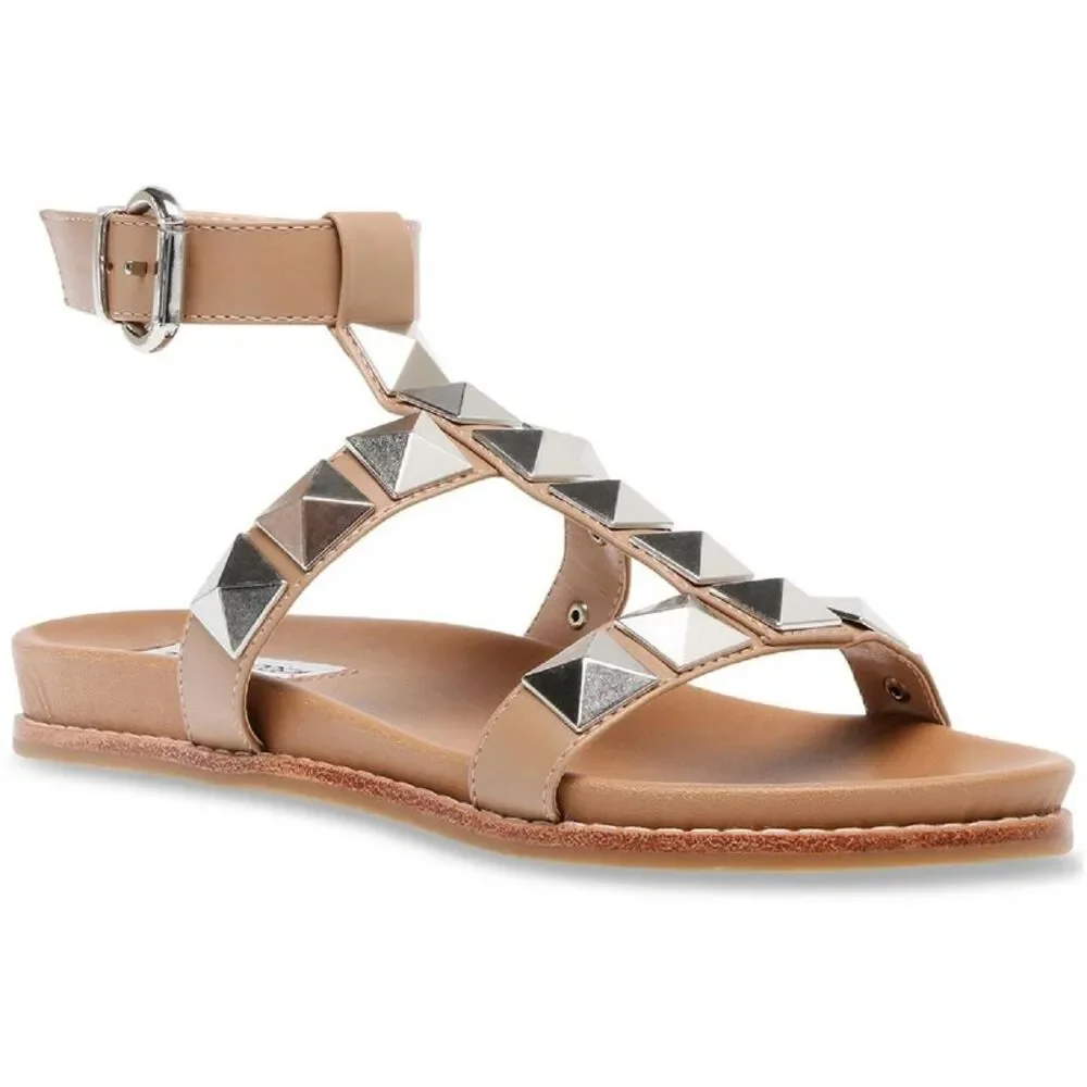 Steve Madden Womens Daft Tan Faux Leather Studded Gladiator Sandals Shoes